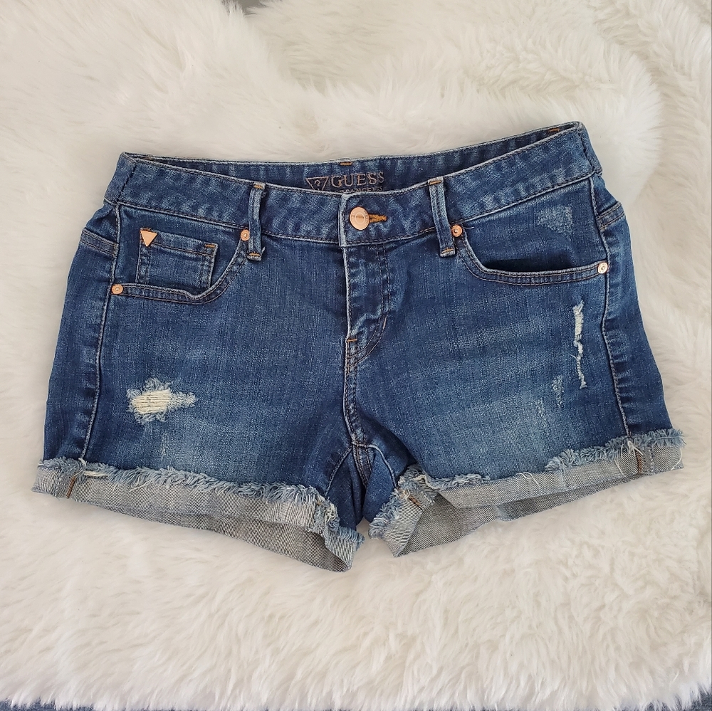 Guess Distressed Frayed Cuffed Denim Shorts